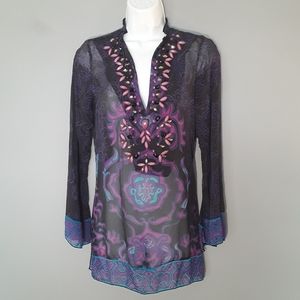 Hale Bob silk sheer beaded tunic swim cover up, XS
